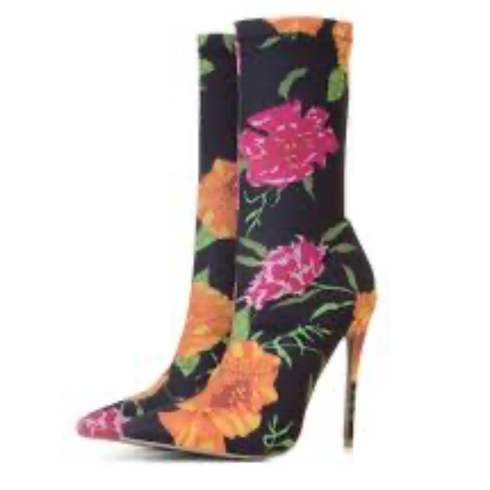 AKIRA Black and Pink Heeled Boots Floral Design